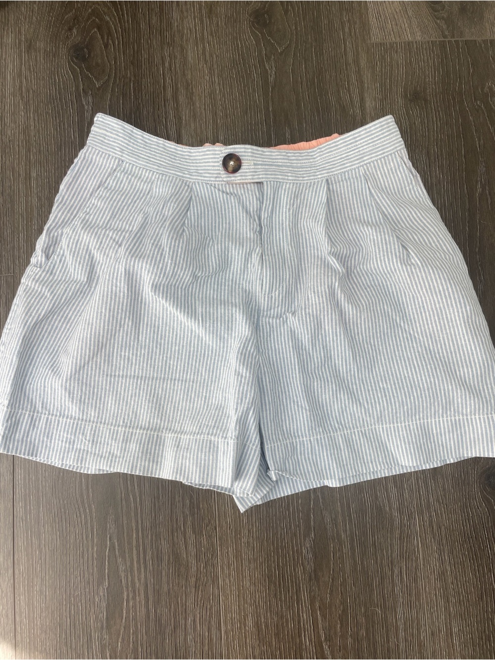 By Anthropologie Cotton Linen Blue and White Pleated Striped Shorts Medium